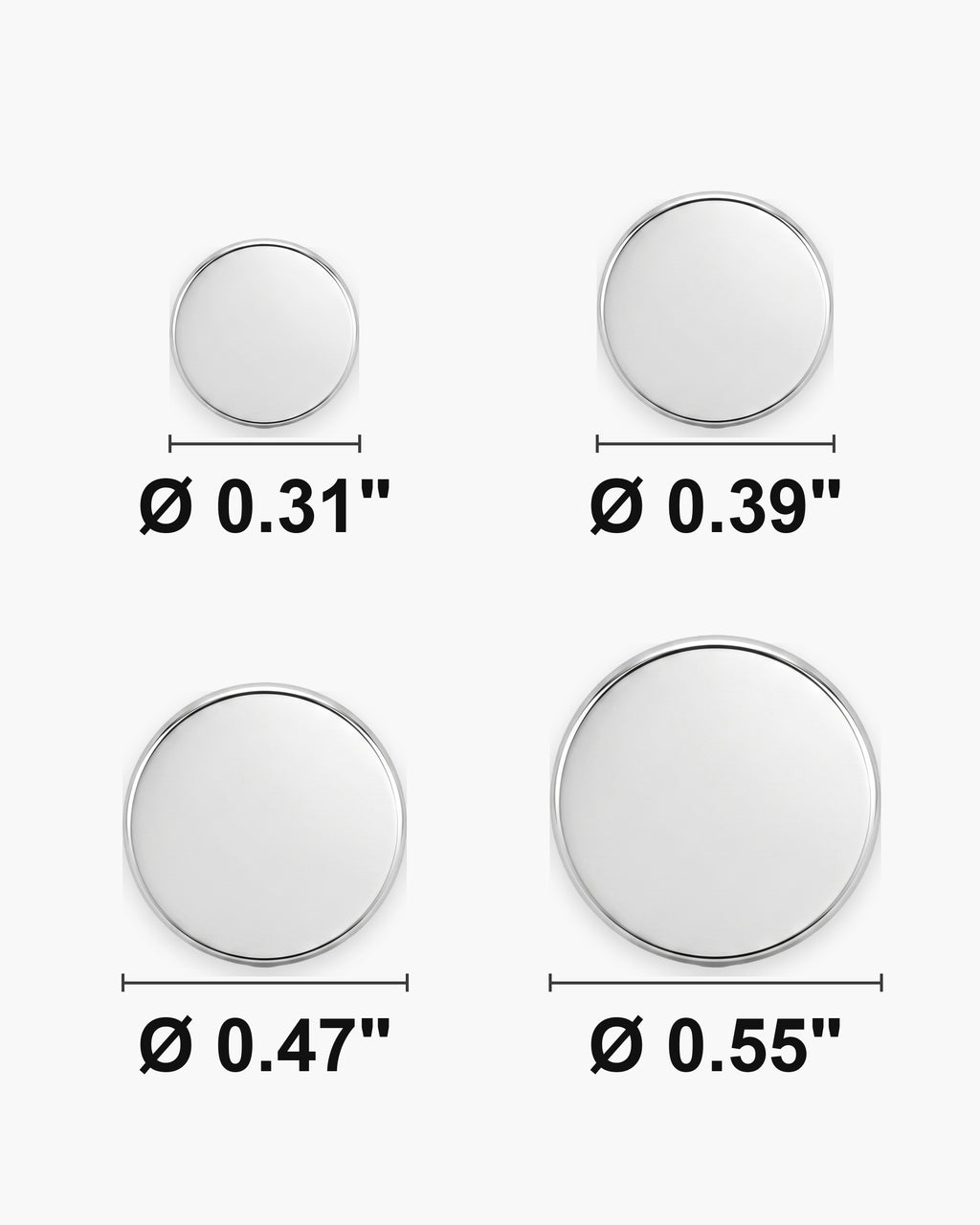 Atlas flat disc stud sizes 0.31, 0.39, 0.47 and 0.55 inch shown at the same scale [u:in]