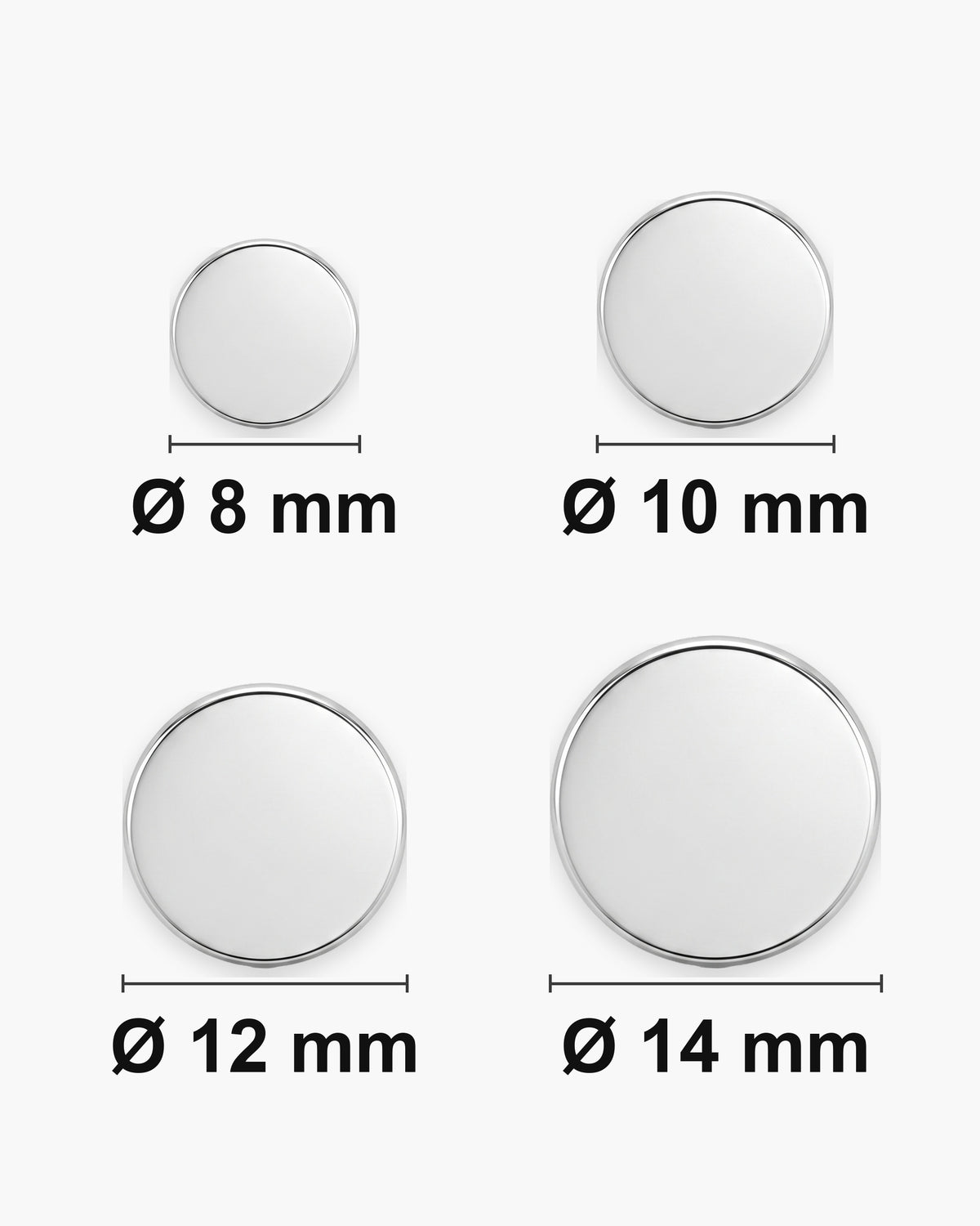 Atlas flat disc stud sizes 8, 10, 12 and 14 mm shown at the same scale [u:mm]