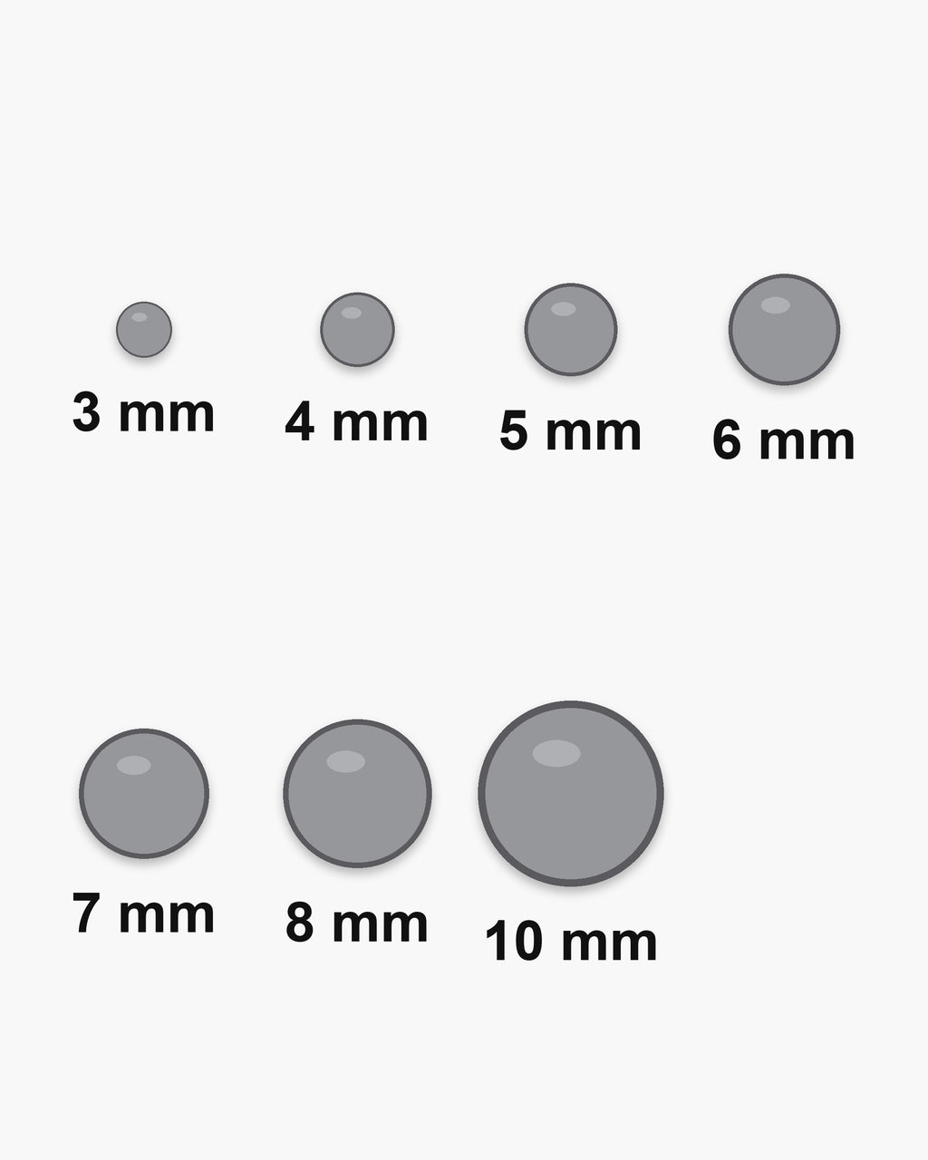 Atlas flat disc stud sizes at true scale: 3, 4, 5, 6, 7, 8 and 10 mm [u:mm]