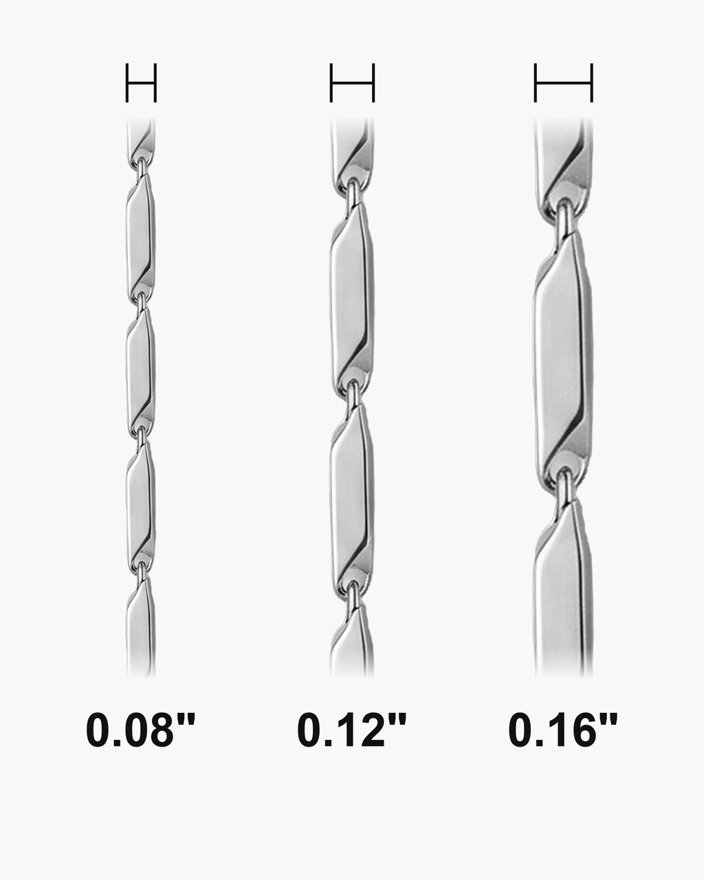 Atlas geometric bar link chain widths side by side at true scale, in inches: 0.08 to 0.16 inch [u:in]