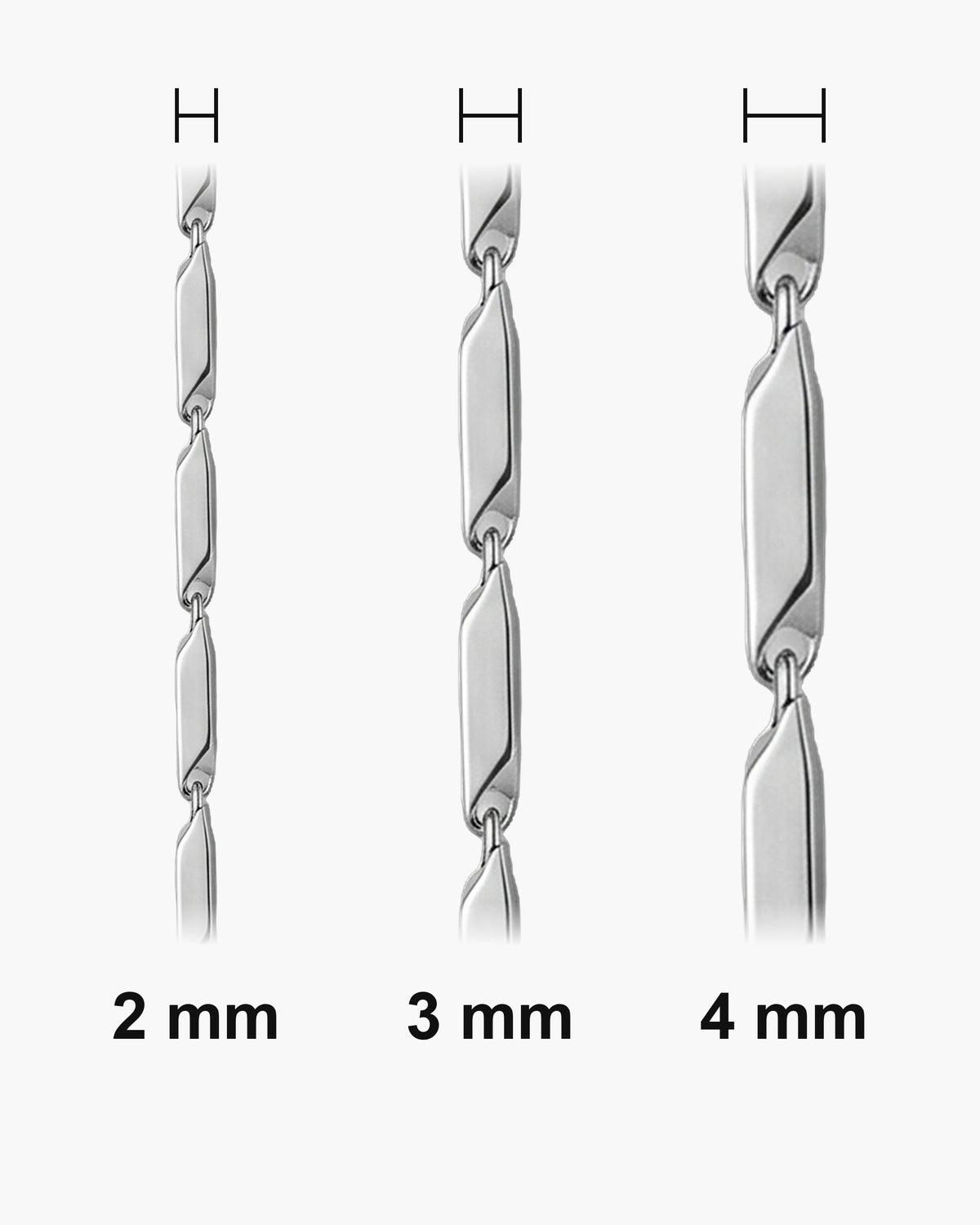 Atlas geometric bar link chain widths side by side at true scale: 2, 3 and 4 mm [u:mm]