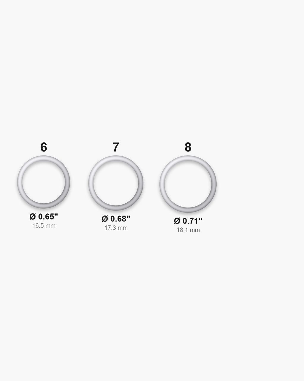 Atlas ring sizes 6 to 8 with inner diameters from 0.65 to 0.71 inch [u:in]