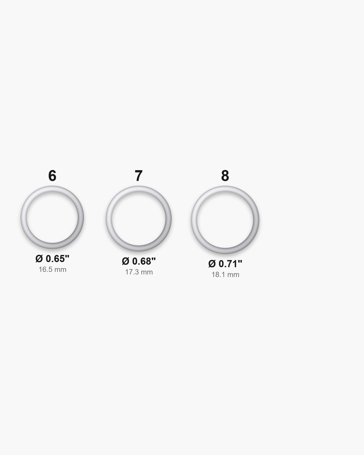 Atlas ring sizes 6 to 8 with inner diameters from 0.65 to 0.71 inch [u:in]