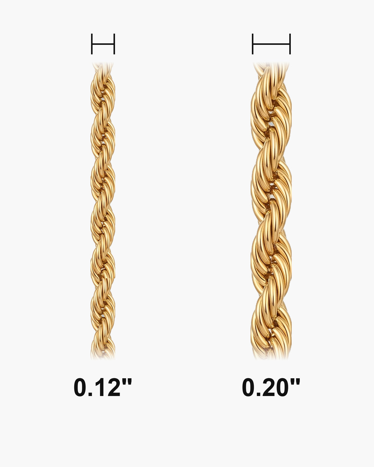 Atlas gold-tone rope chain actual widths 0.12 in, 0.20 in [u:in]