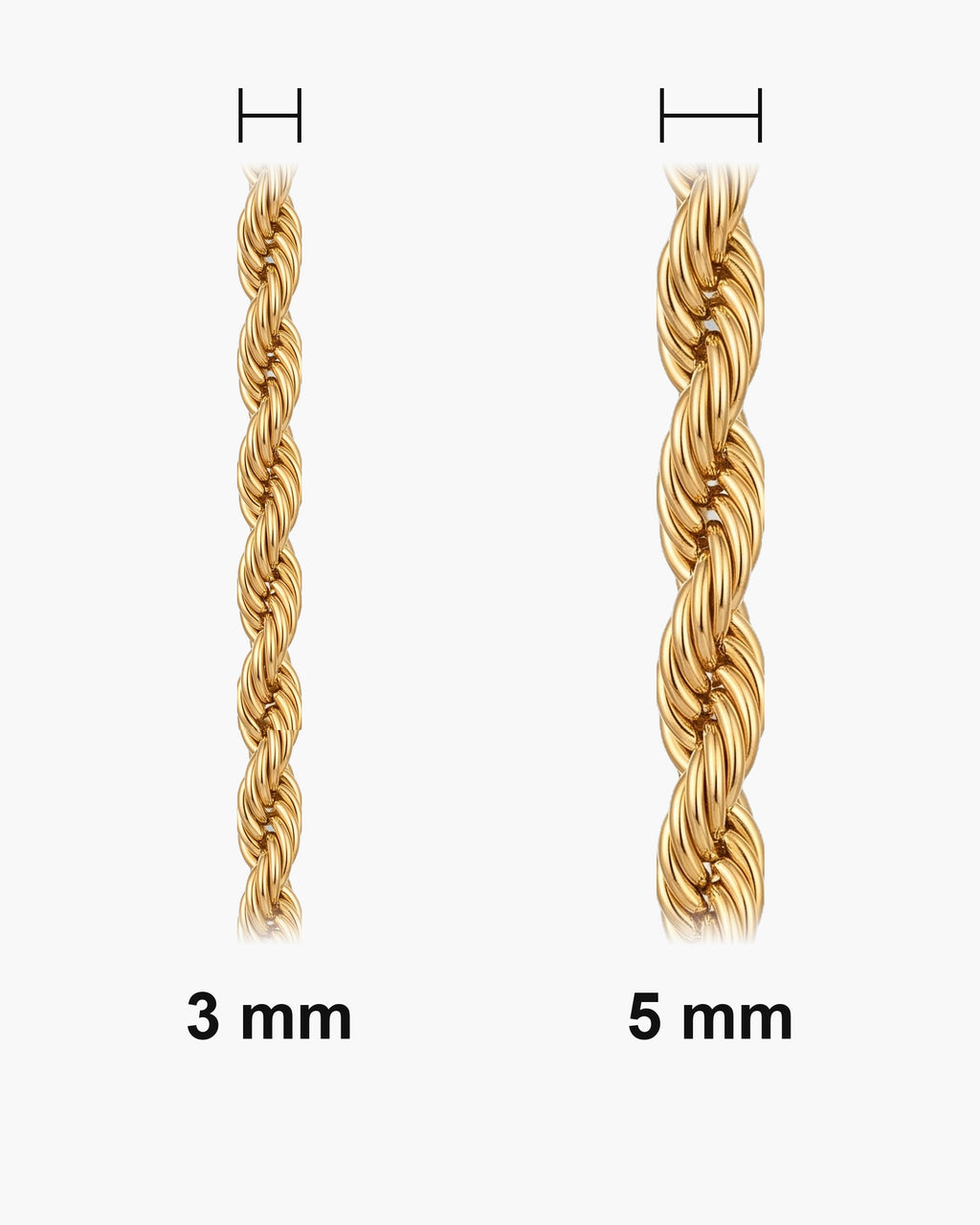 Atlas gold-tone rope chain actual widths 3 mm, 5 mm [u:mm]