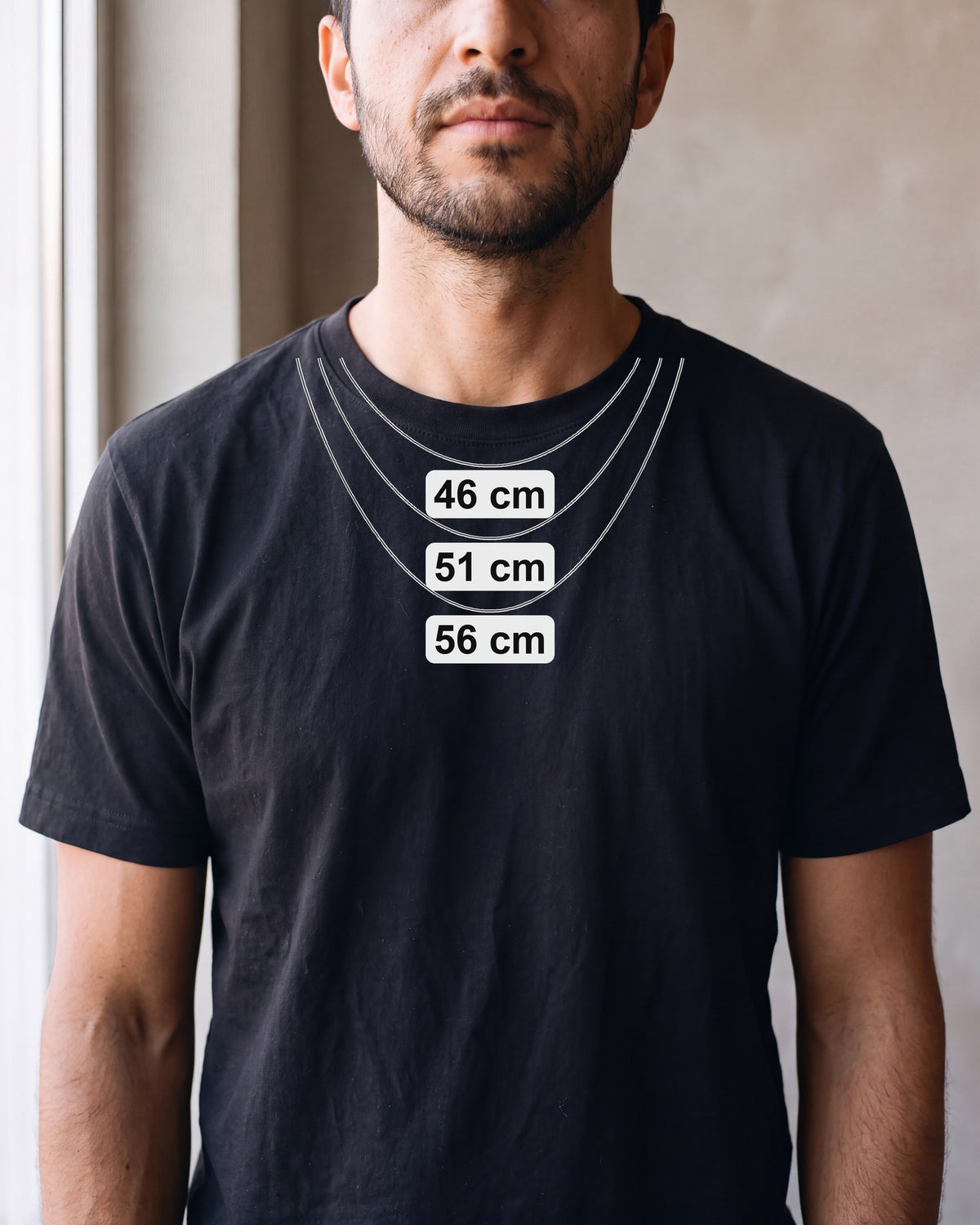 Chain length guide: where 46 to 56 cm chains sit on a man [u:mm]