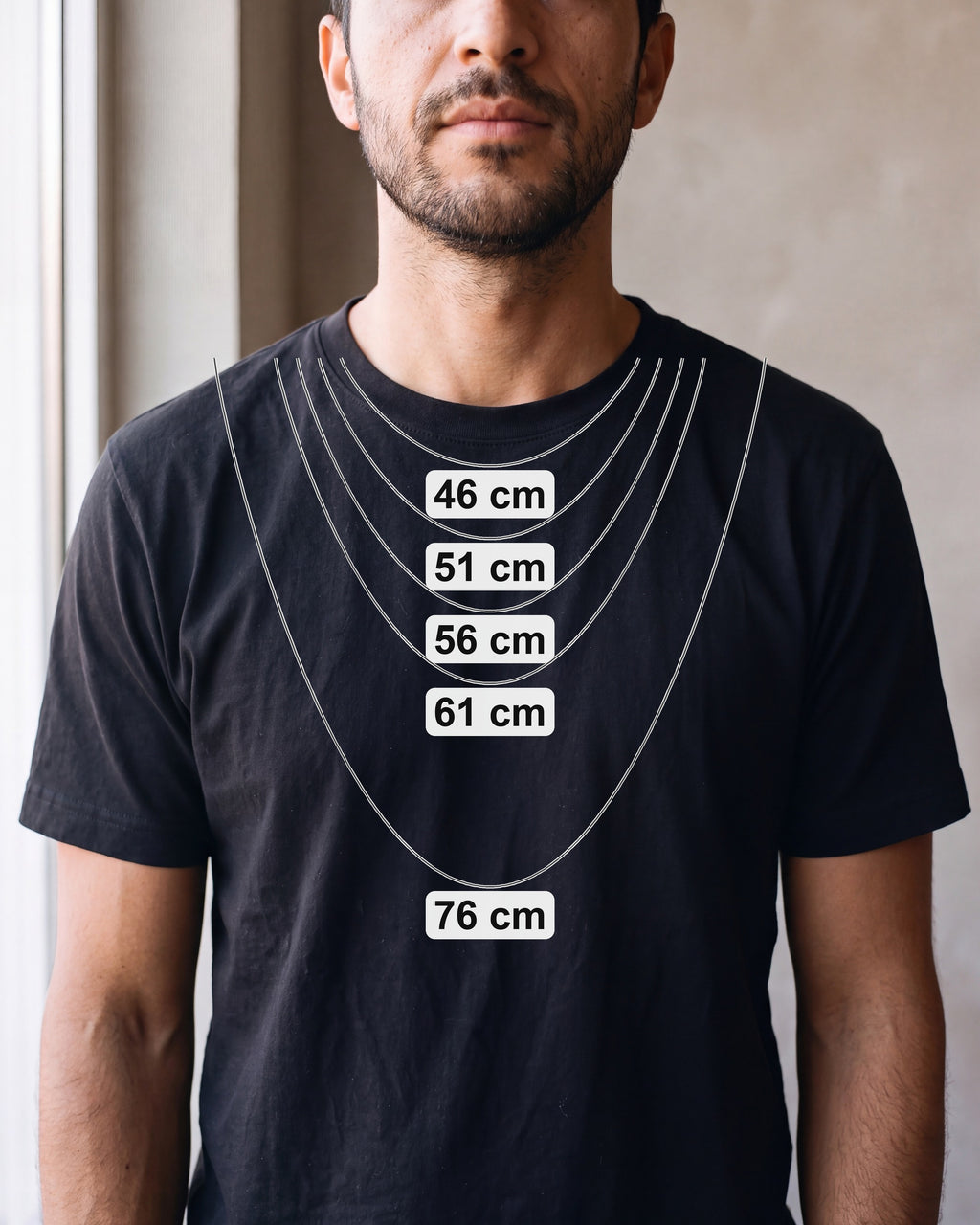 Chain length guide: where 46, 51, 56, 61, 76 cm chains sit on a man [u:mm]