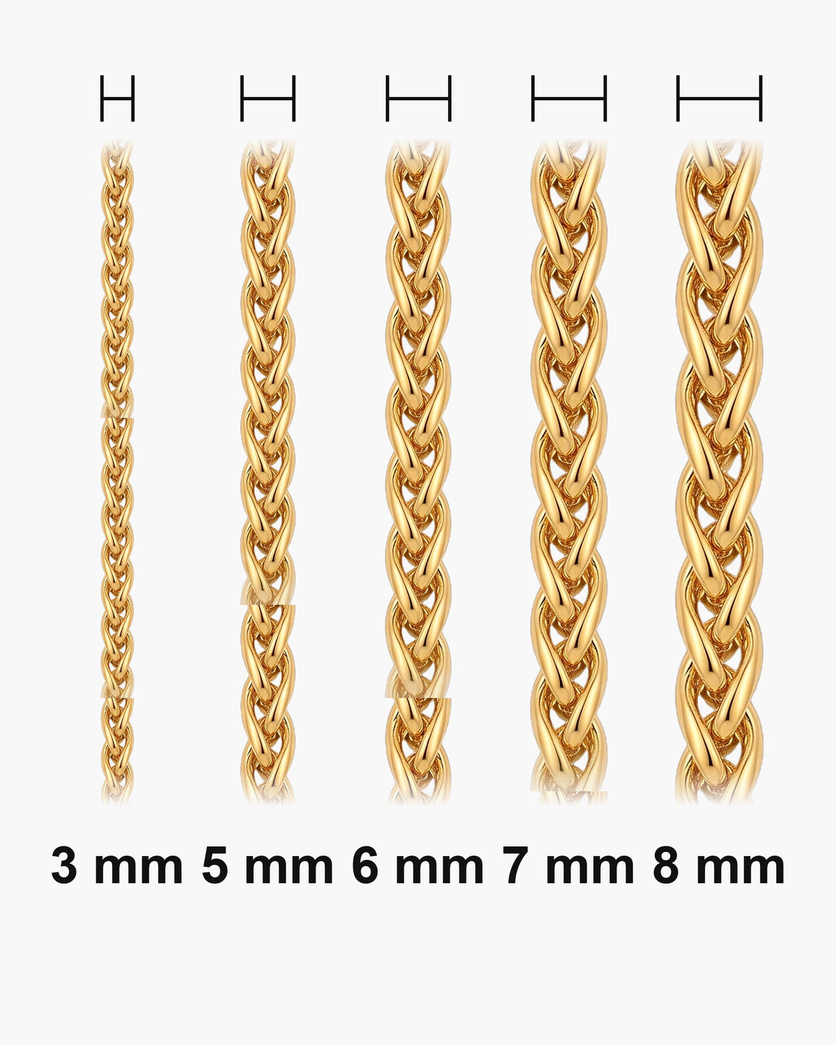 Atlas wheat chain widths side by side at true scale: 3, 5, 6, 7 and 8 mm [u:mm]