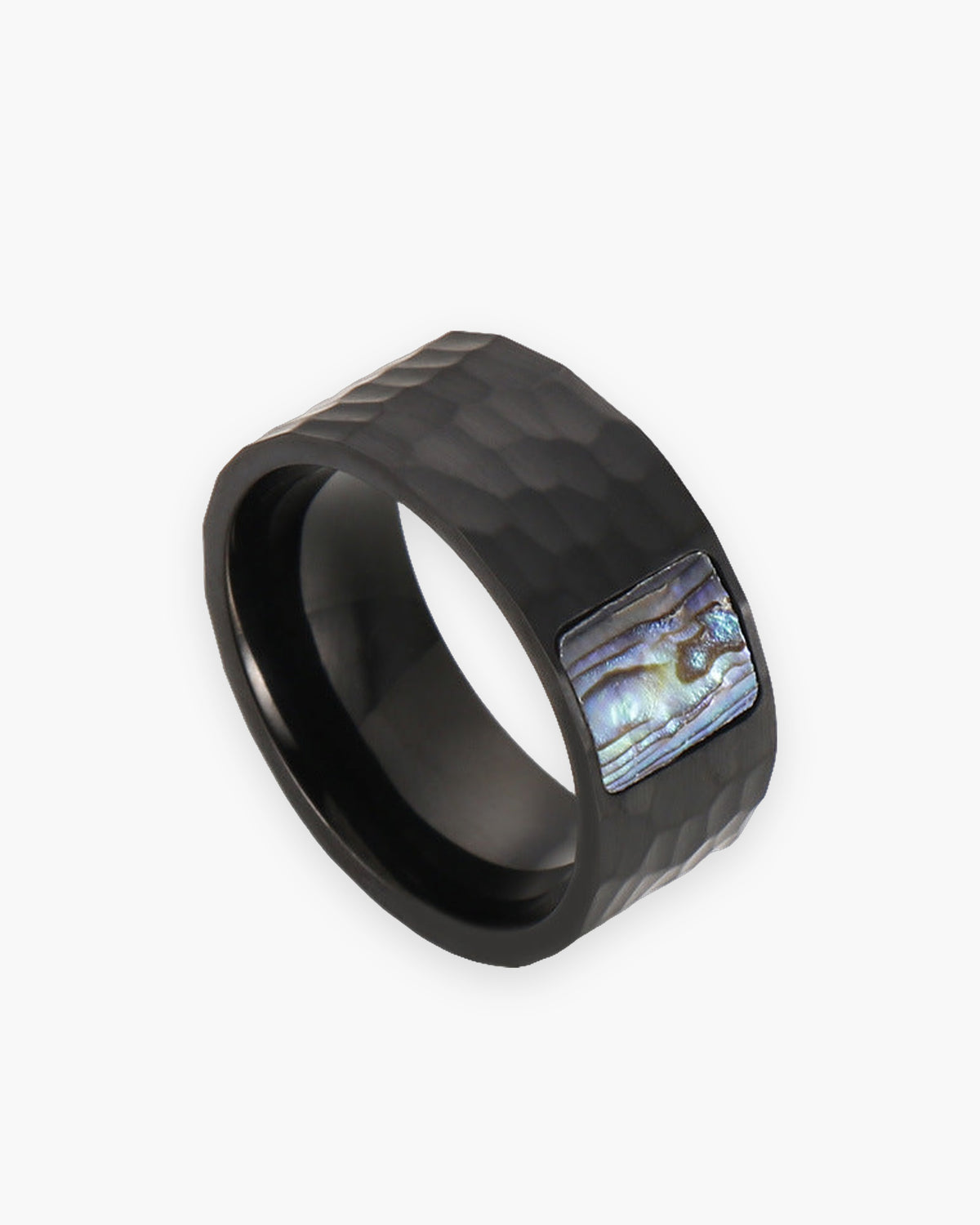 Atlas hammered abalone inlay ring in black titanium steel [c:black]