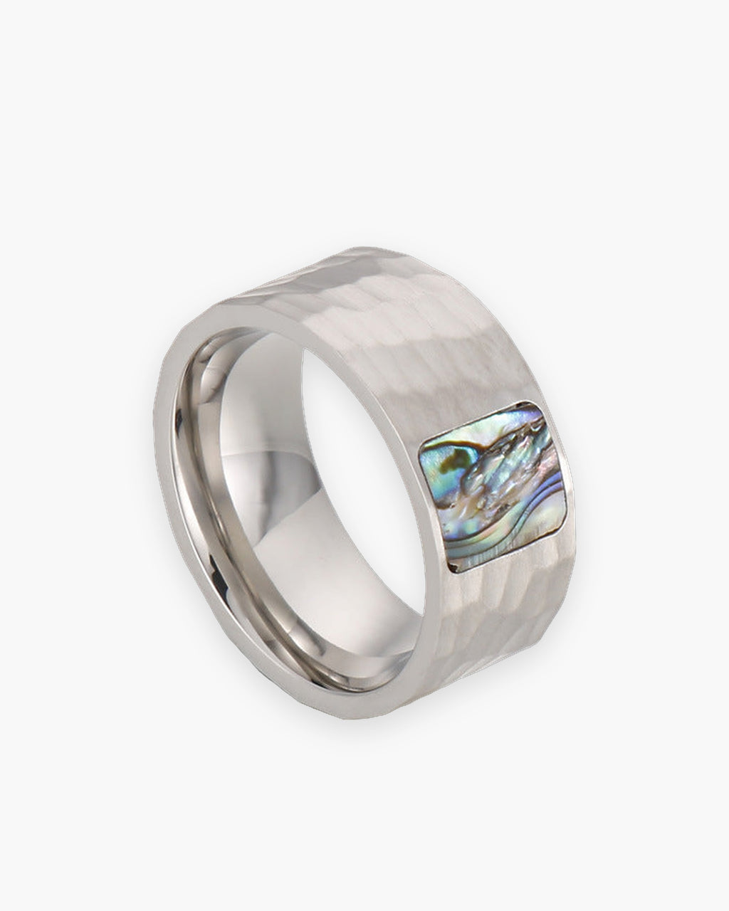 Atlas hammered abalone inlay ring in silver titanium steel [c:silver]