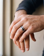 Close-up of the silver-tone Atlas Hammered Inlay Ring worn at true size