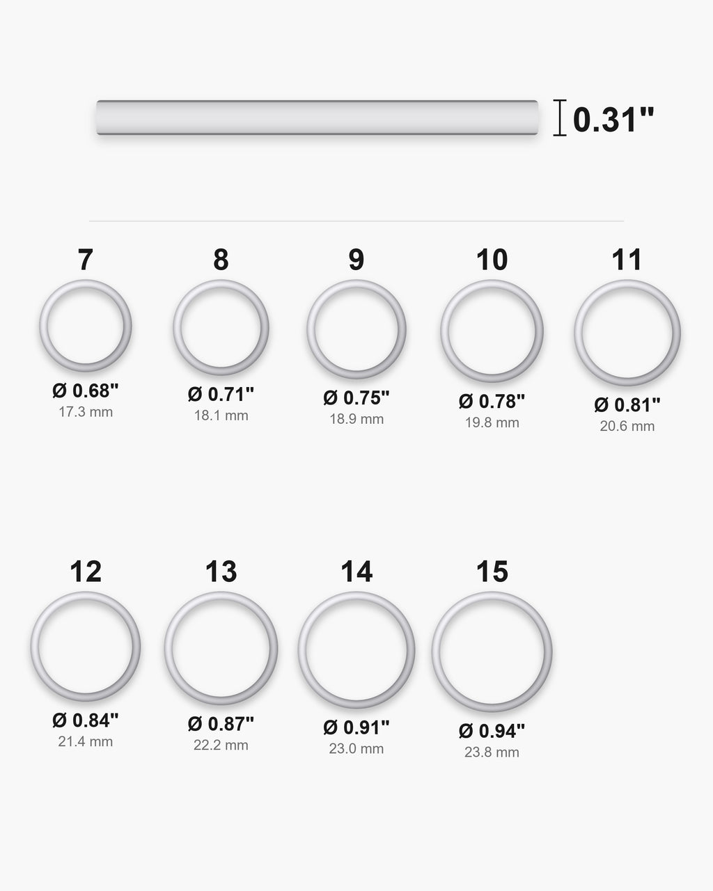 Atlas Hammered Inlay Ring ring sizes 7 to 15 with inner diameters 0.68 to 0.94 inch [u:in]