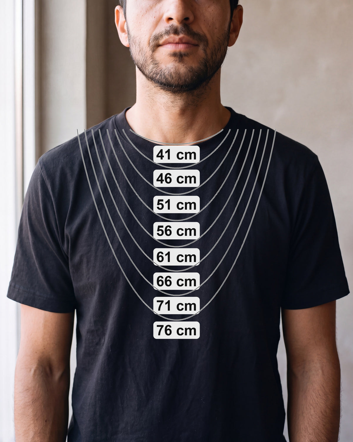 Chain length guide: where 41 to 76 cm chains sit on a man [u:mm]