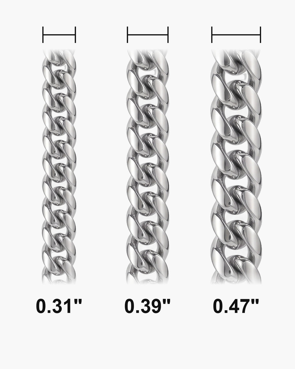 Atlas heavy Cuban chain widths side by side at true scale, in inches: 0.31 to 0.47 inch [u:in]