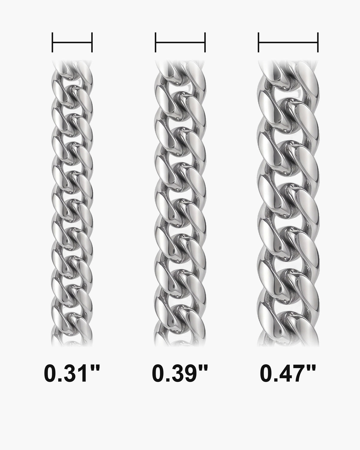 Atlas heavy Cuban chain widths side by side at true scale, in inches: 0.31 to 0.47 inch [u:in]