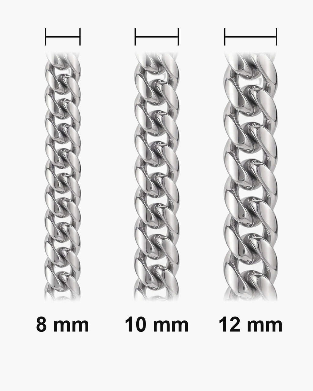 Atlas heavy Cuban chain widths side by side at true scale: 8, 10 and 12 mm [u:mm]