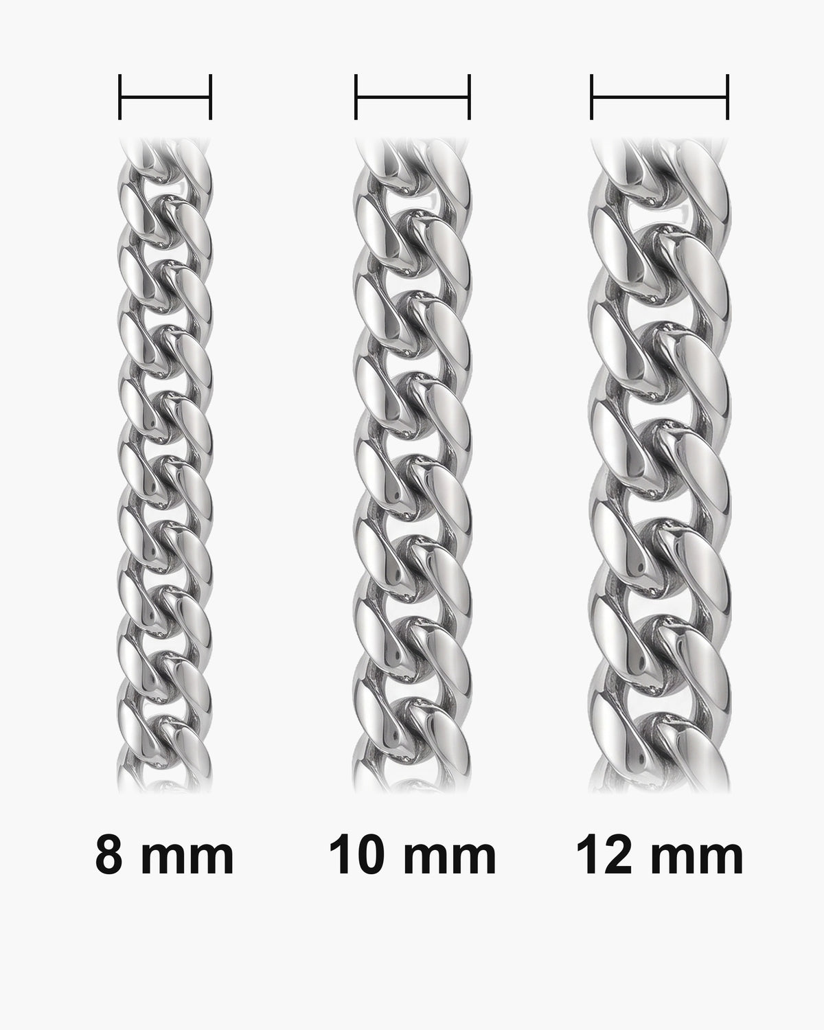 Atlas heavy Cuban chain widths side by side at true scale: 8, 10 and 12 mm [u:mm]