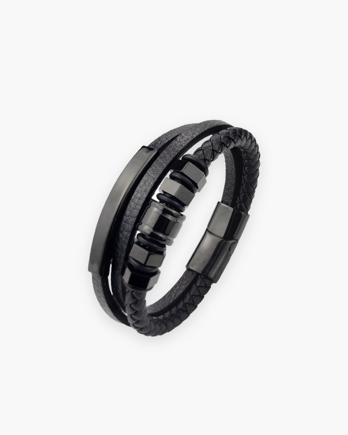 Atlas hexagon bead leather cord bracelet in black leather with black hexagon beads [c:black]