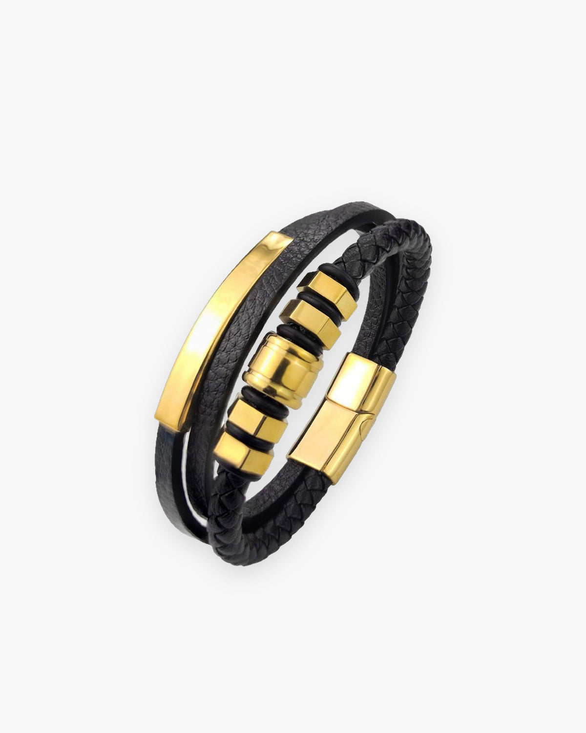 Atlas hexagon bead leather cord bracelet in black leather with gold-tone hexagon beads [c:gold]