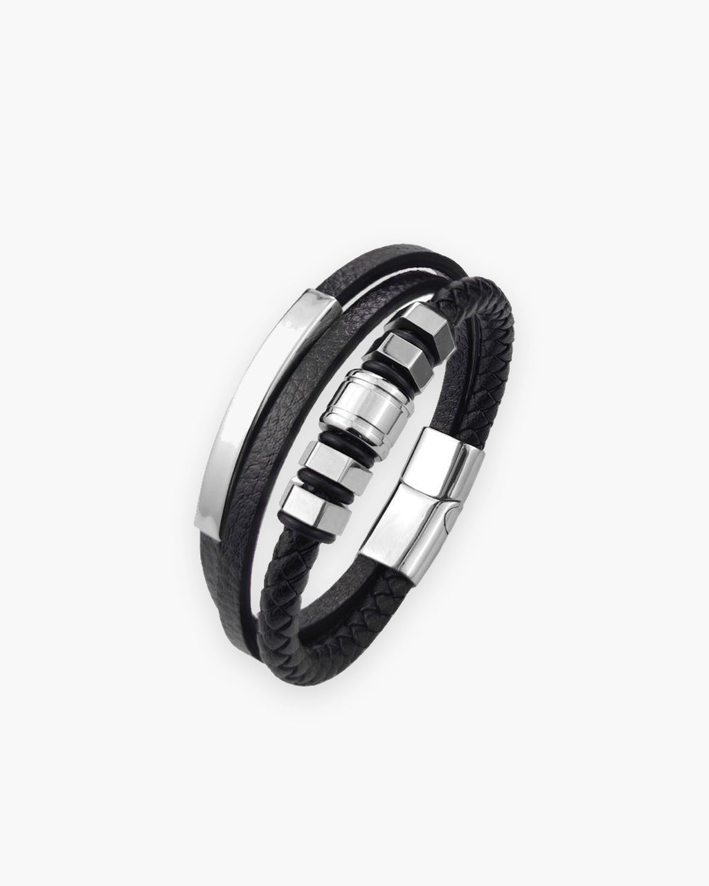 Atlas hexagon bead leather cord bracelet in black leather with steel hexagon beads [c:silver]