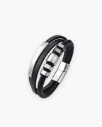 Atlas hexagon bead leather cord bracelet in black leather with steel hexagon beads [c:silver]