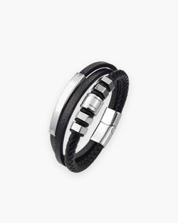 Atlas hexagon bead leather cord bracelet in black leather with steel hexagon beads [c:silver]
