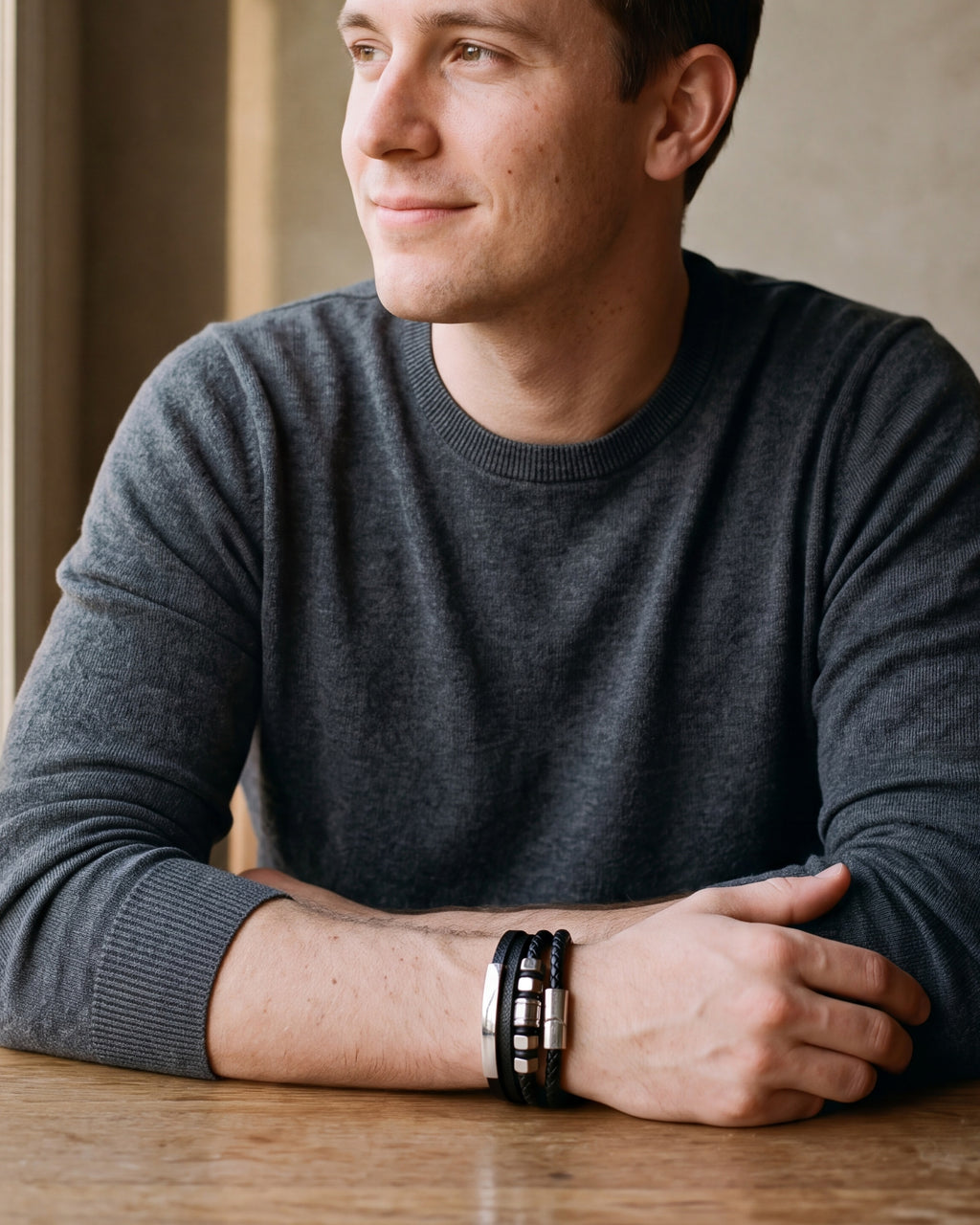 Man in a charcoal sweater seated at a table, wearing the Atlas hexagon bead leather cord bracelet
