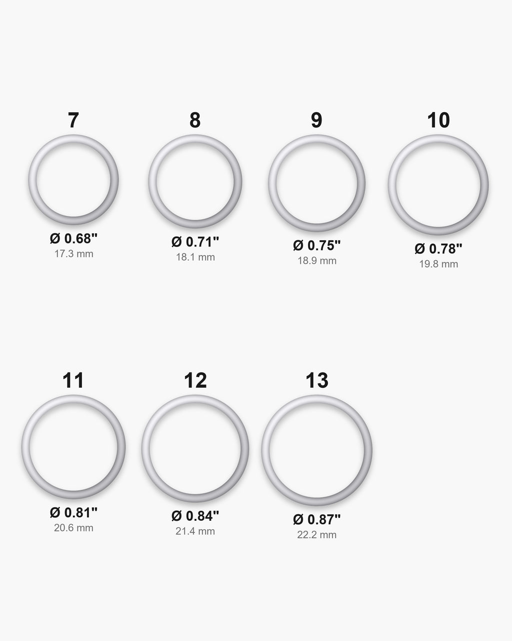 Atlas ring sizes 7 to 13 with inner diameters from 0.68 to 0.87 inch [u:in]