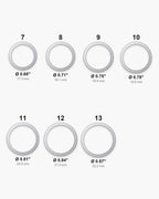 Atlas ring sizes 7 to 13 with inner diameters from 0.68 to 0.87 inch [u:in]