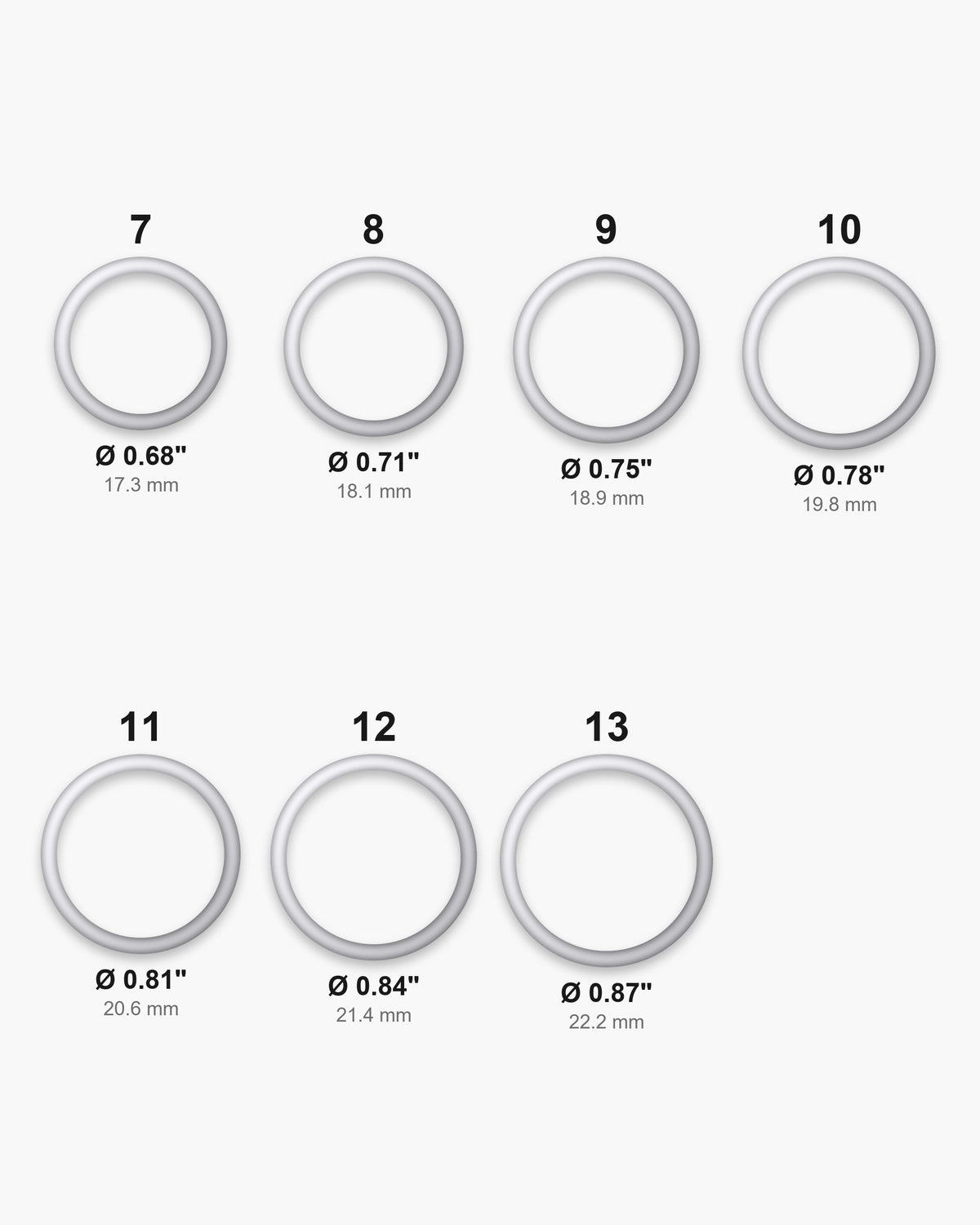 Atlas ring sizes 7 to 13 with inner diameters from 0.68 to 0.87 inch [u:in]