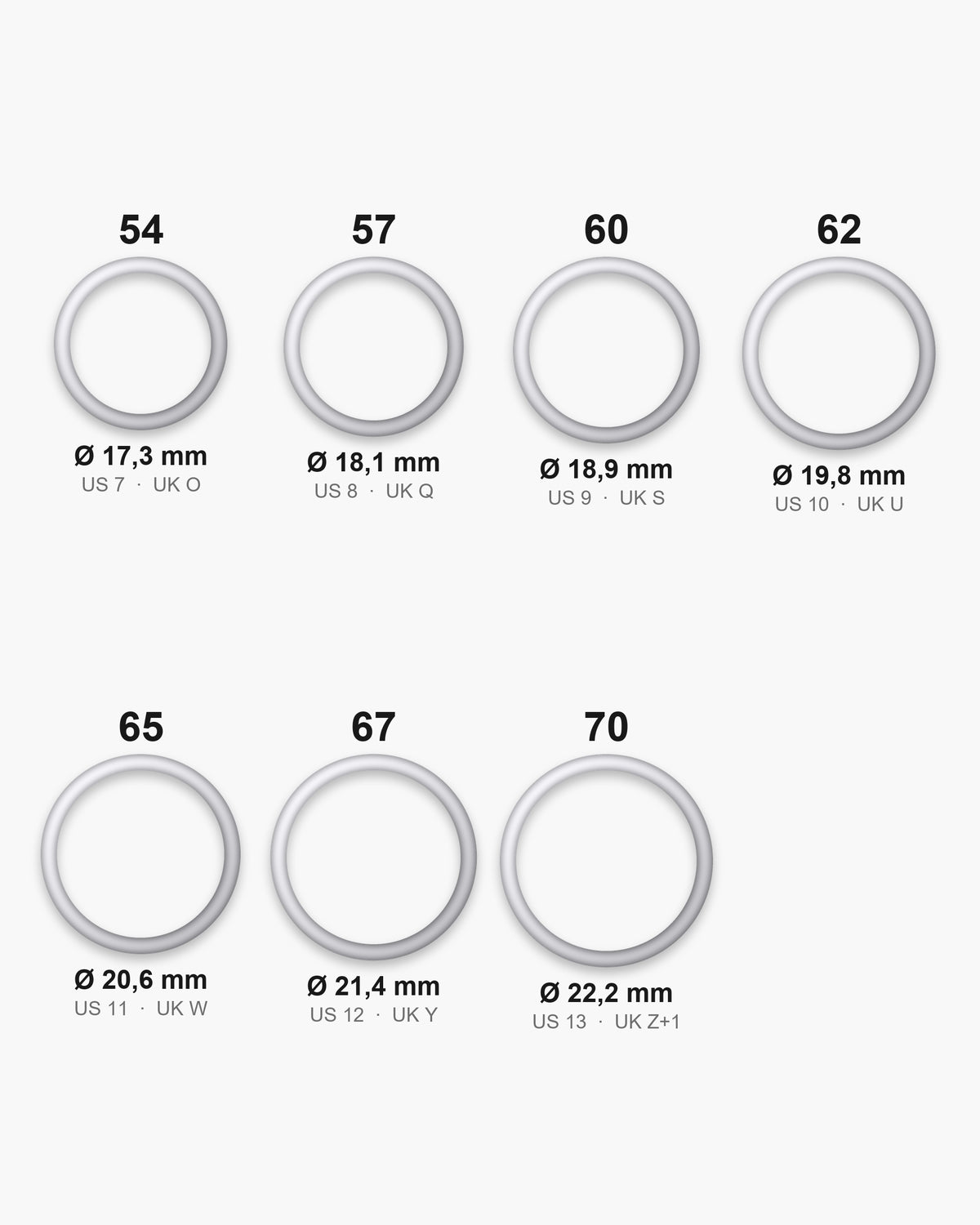 Atlas ring sizes EU 54 to 70 (US 7 to 13) with inner diameters from 17.3 to 22.2 mm [u:mm]