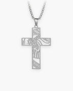 Atlas cut-out cross pendant necklace in silver-tone titanium steel, 30 x 50 mm [c:silver]