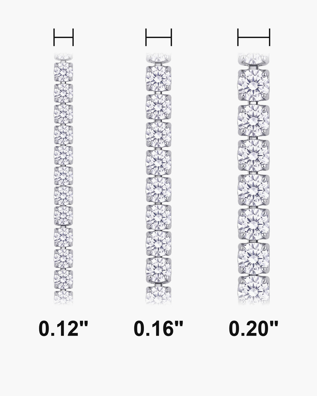 Atlas iced tennis bracelet widths side by side at true scale, in inches: 0.12 to 0.20 inch [u:in]