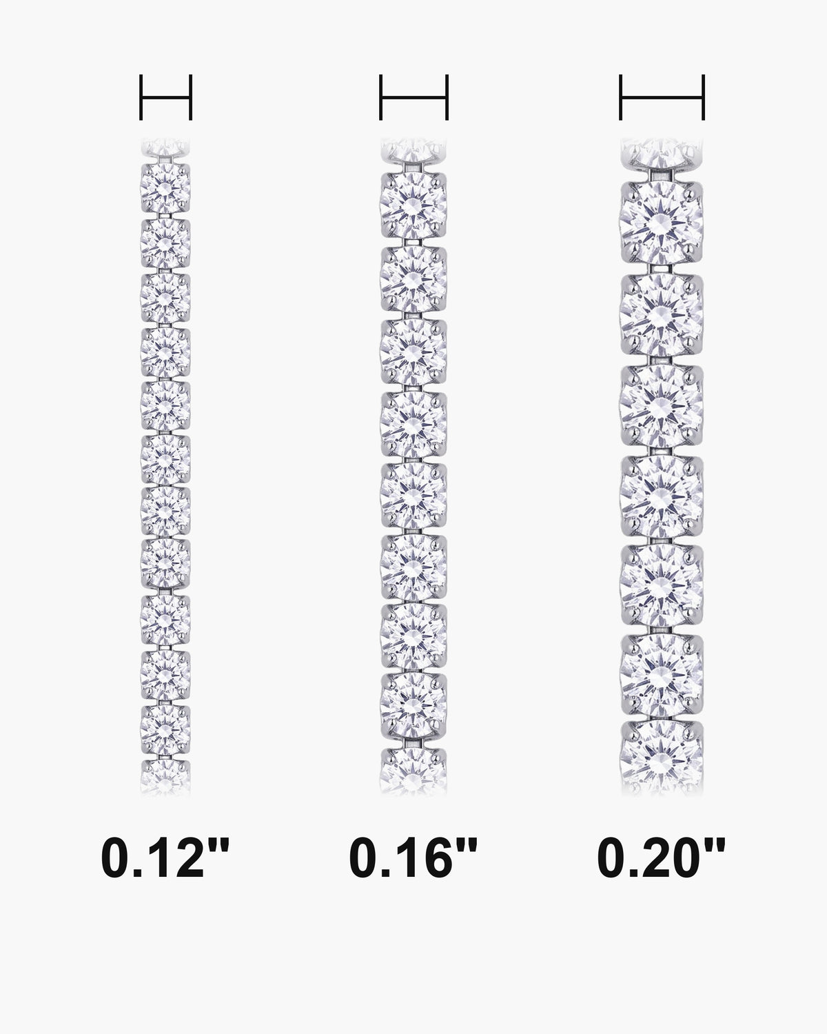 Atlas iced tennis bracelet widths side by side at true scale, in inches: 0.12 to 0.20 inch [u:in]