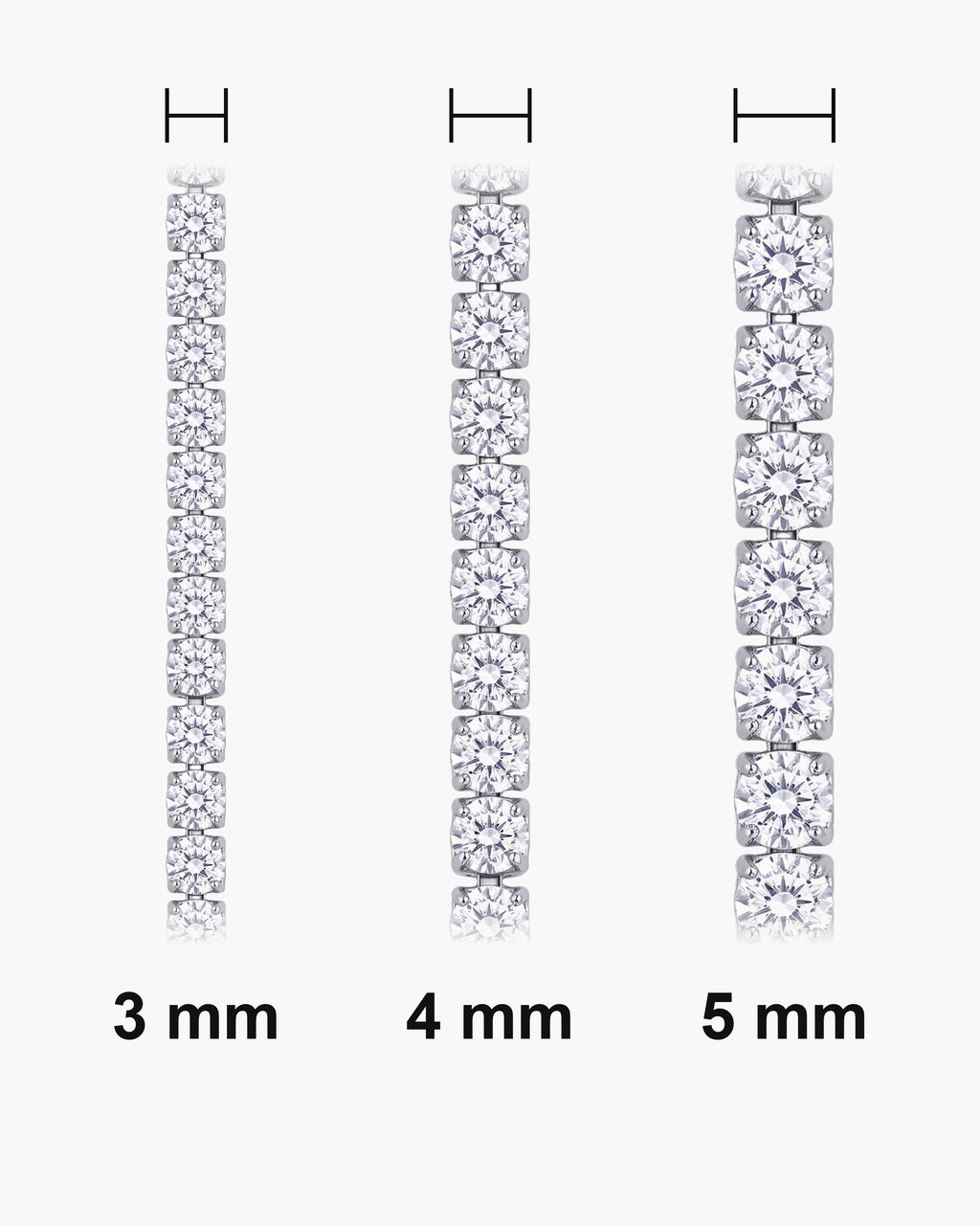 Atlas iced tennis bracelet widths side by side at true scale: 3, 4 and 5 mm [u:mm]