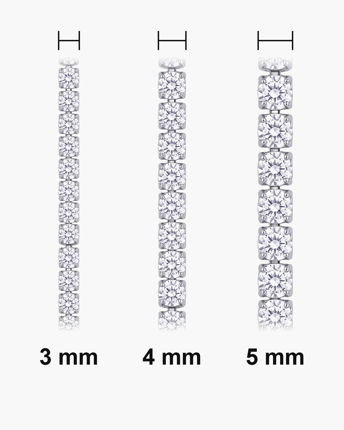 Atlas iced tennis bracelet widths side by side at true scale: 3, 4 and 5 mm [u:mm]