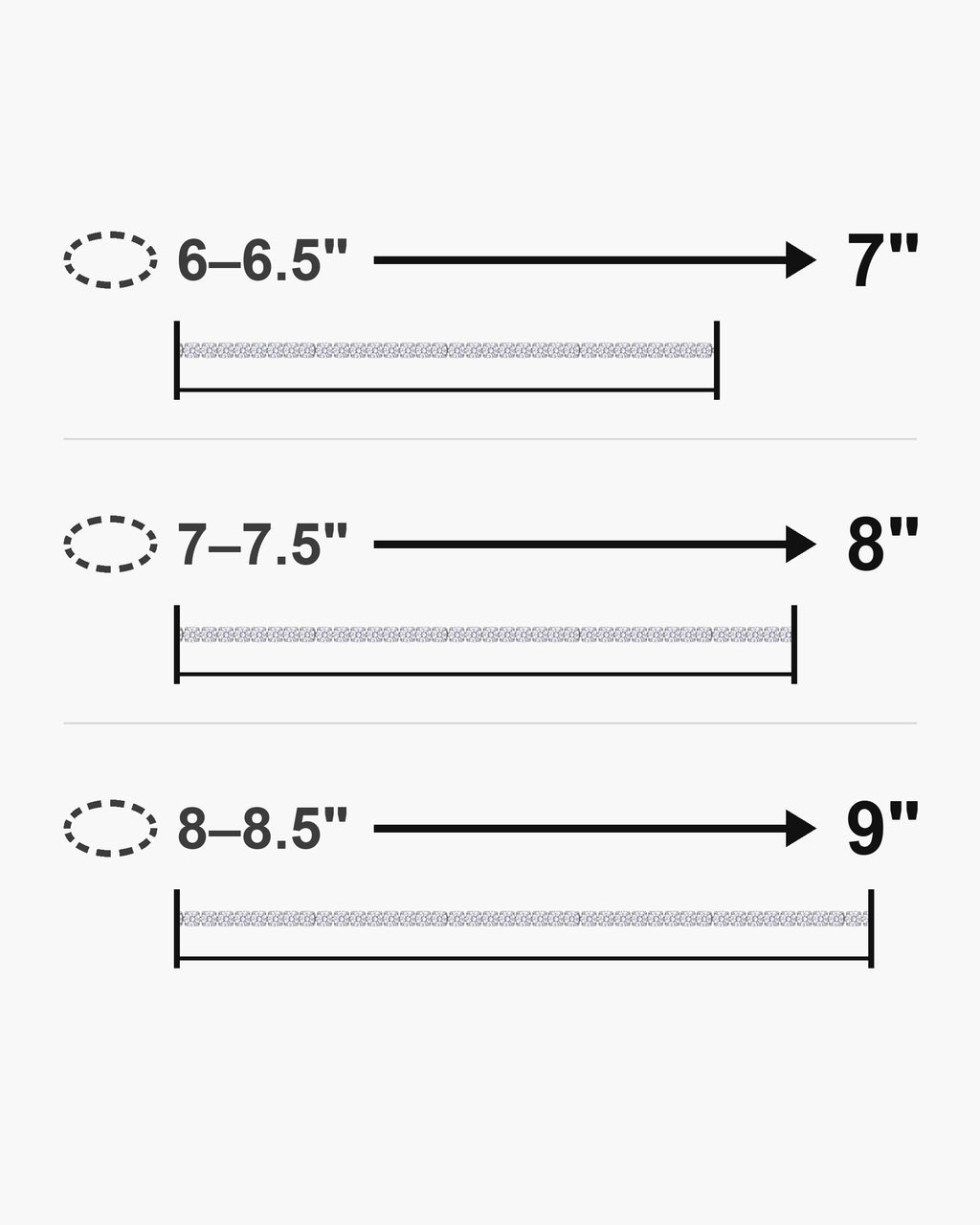 Bracelet length guide: wrist 6-6.5 in fits the 7 inch bracelet; wrist 7-7.5 in fits the 8 inch bracelet; wrist 8-8.5 in fits the 9 inch bracelet [u:in]