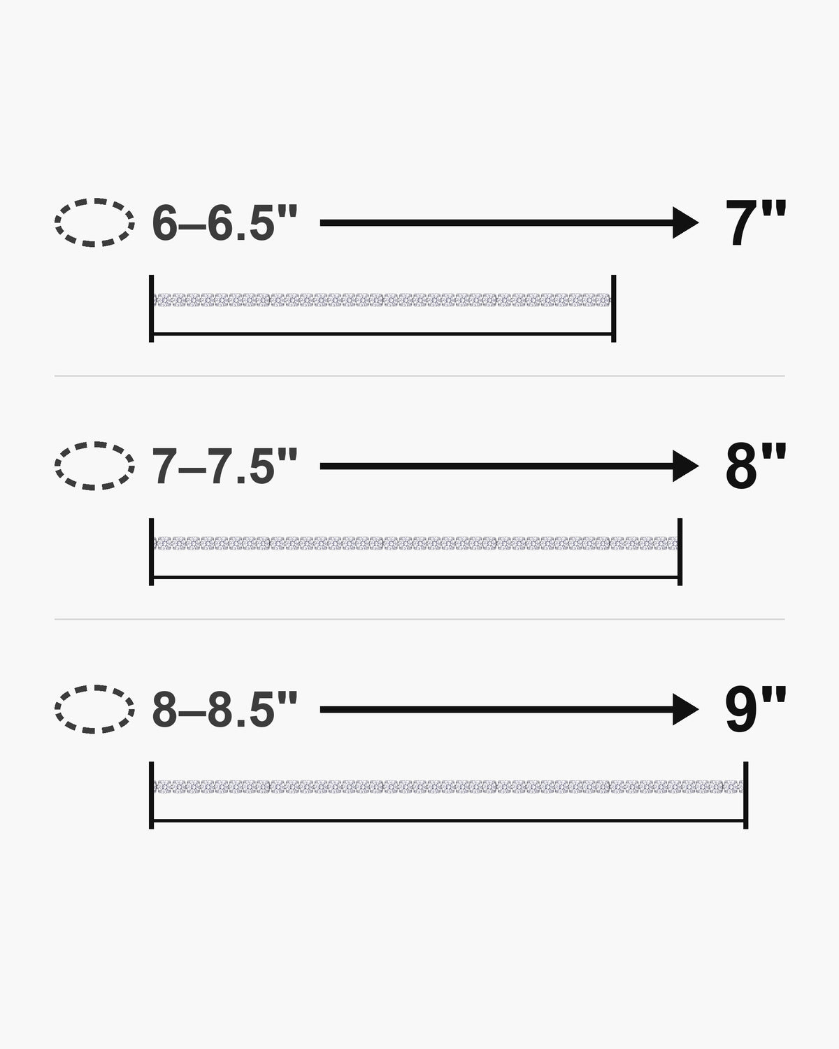 Bracelet length guide: wrist 6-6.5 in fits the 7 inch bracelet; wrist 7-7.5 in fits the 8 inch bracelet; wrist 8-8.5 in fits the 9 inch bracelet [u:in]