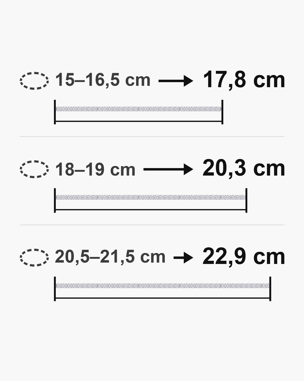 Bracelet length guide: wrist 15-16.5 cm fits the 17.8 cm bracelet; wrist 18-19 cm fits the 20.3 cm bracelet; wrist 20.5-21.5 cm fits the 22.9 cm bracelet [u:mm]