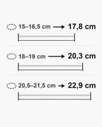 Bracelet length guide: wrist 15-16.5 cm fits the 17.8 cm bracelet; wrist 18-19 cm fits the 20.3 cm bracelet; wrist 20.5-21.5 cm fits the 22.9 cm bracelet [u:mm]