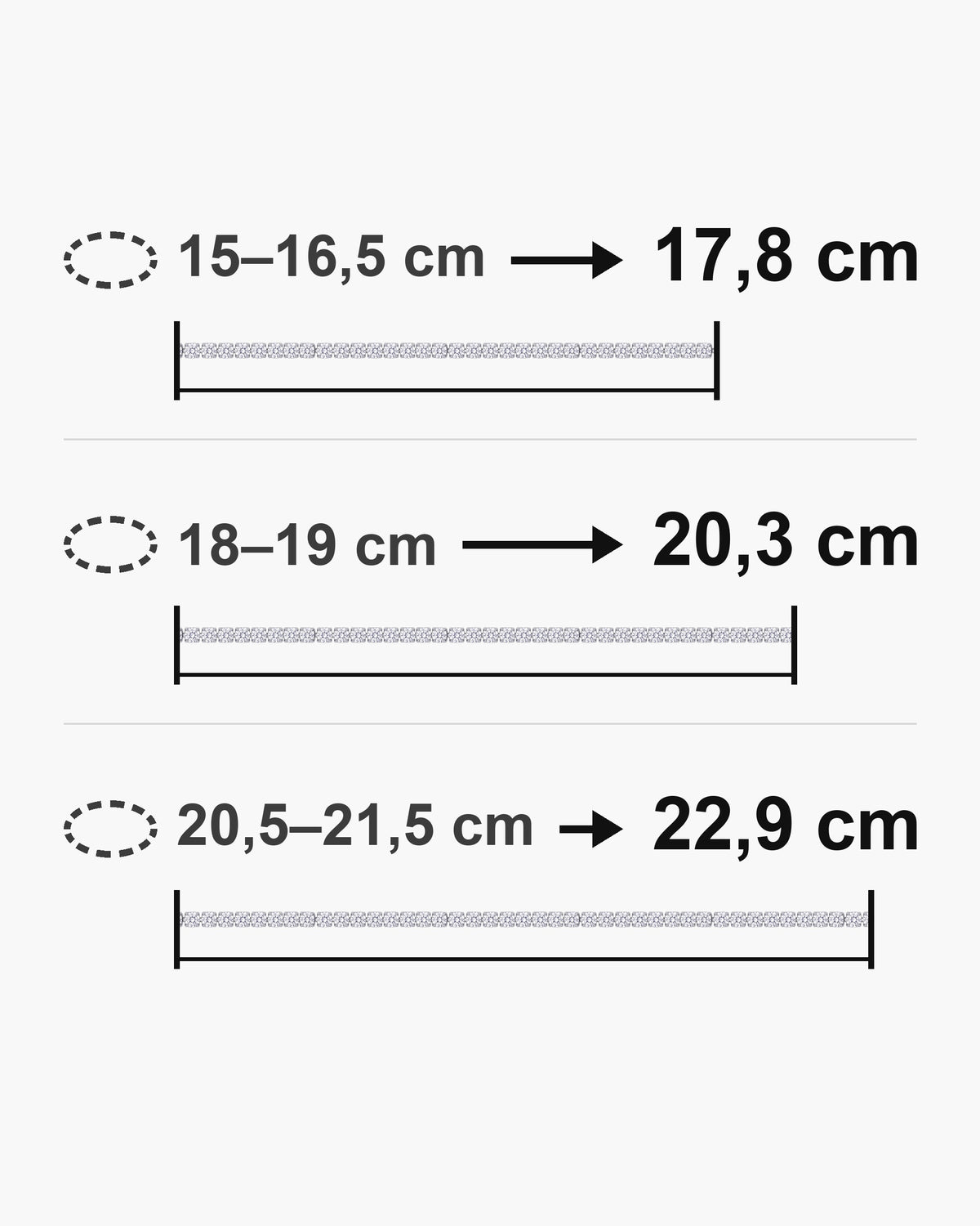 Bracelet length guide: wrist 15-16.5 cm fits the 17.8 cm bracelet; wrist 18-19 cm fits the 20.3 cm bracelet; wrist 20.5-21.5 cm fits the 22.9 cm bracelet [u:mm]