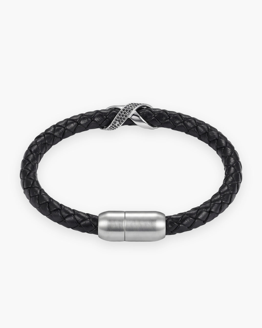 Atlas iced X bracelet in braided leather in black braided leather with silver-tone steel [c:silver]