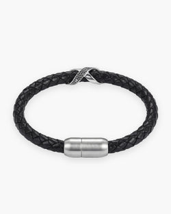 Atlas iced X bracelet in braided leather in black braided leather with silver-tone steel [c:silver]
