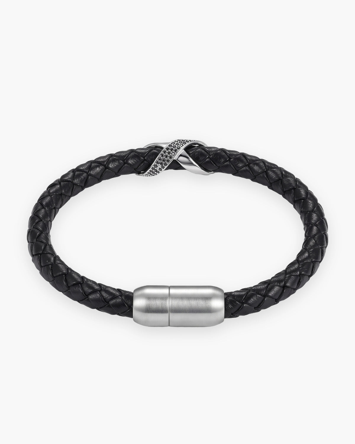 Atlas iced X bracelet in braided leather in black braided leather with silver-tone steel [c:silver]