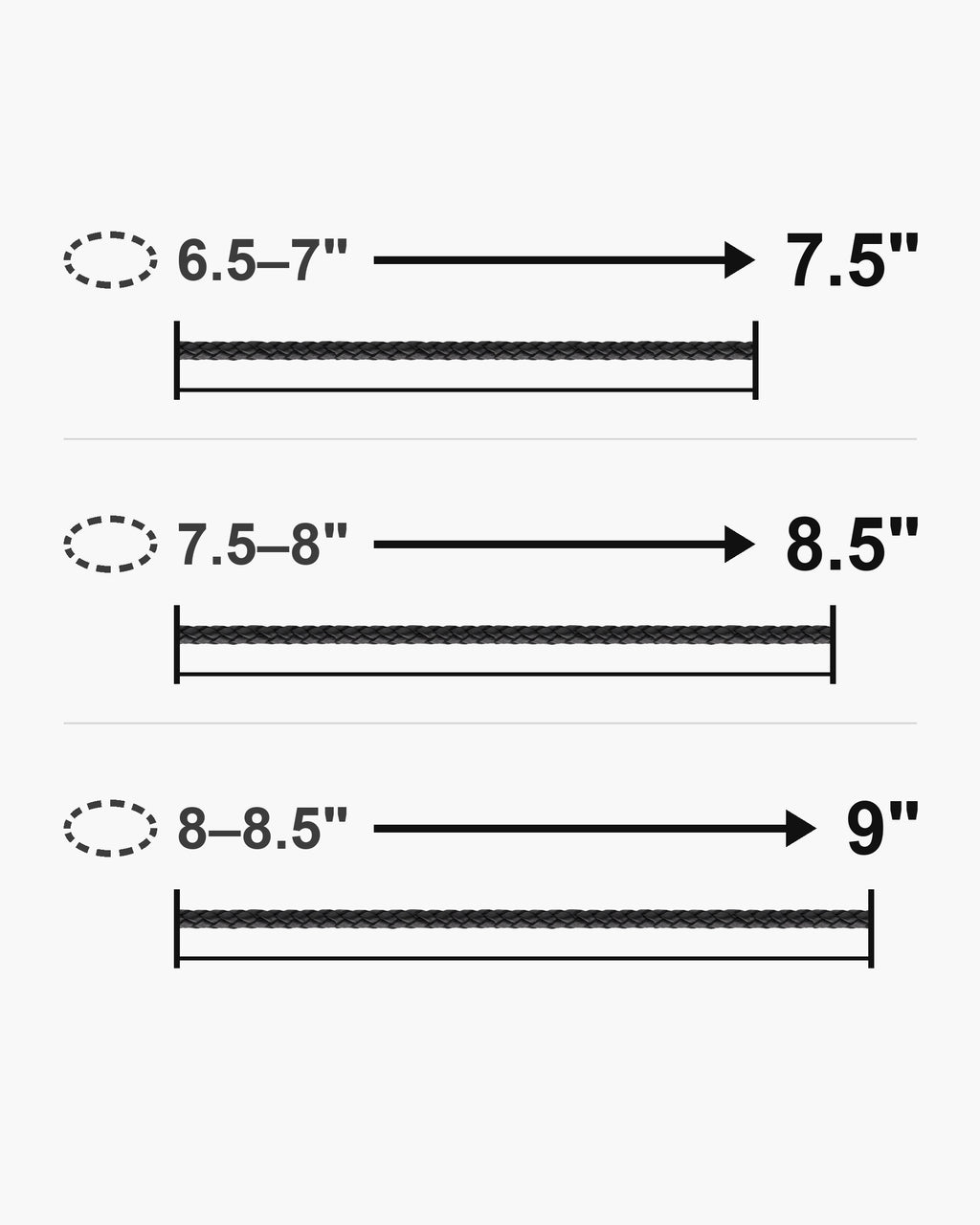 Atlas bracelet lengths 7.5, 8.5 and 9 inches with matching wrist sizes [u:in]