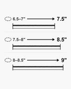 Atlas bracelet lengths 7.5, 8.5 and 9 inches with matching wrist sizes [u:in]