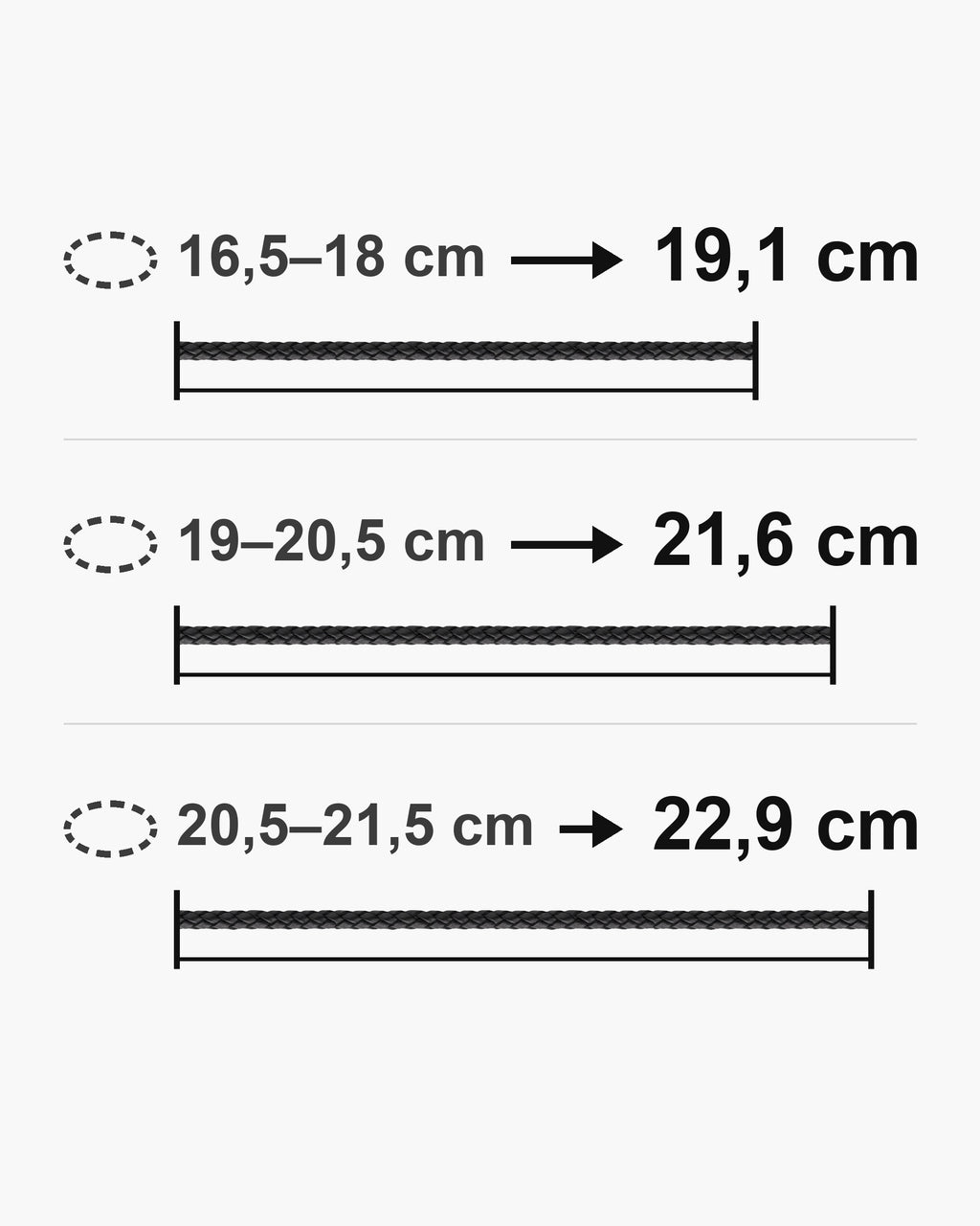 Atlas bracelet lengths 19, 21.5 and 23 cm with matching wrist sizes [u:mm]