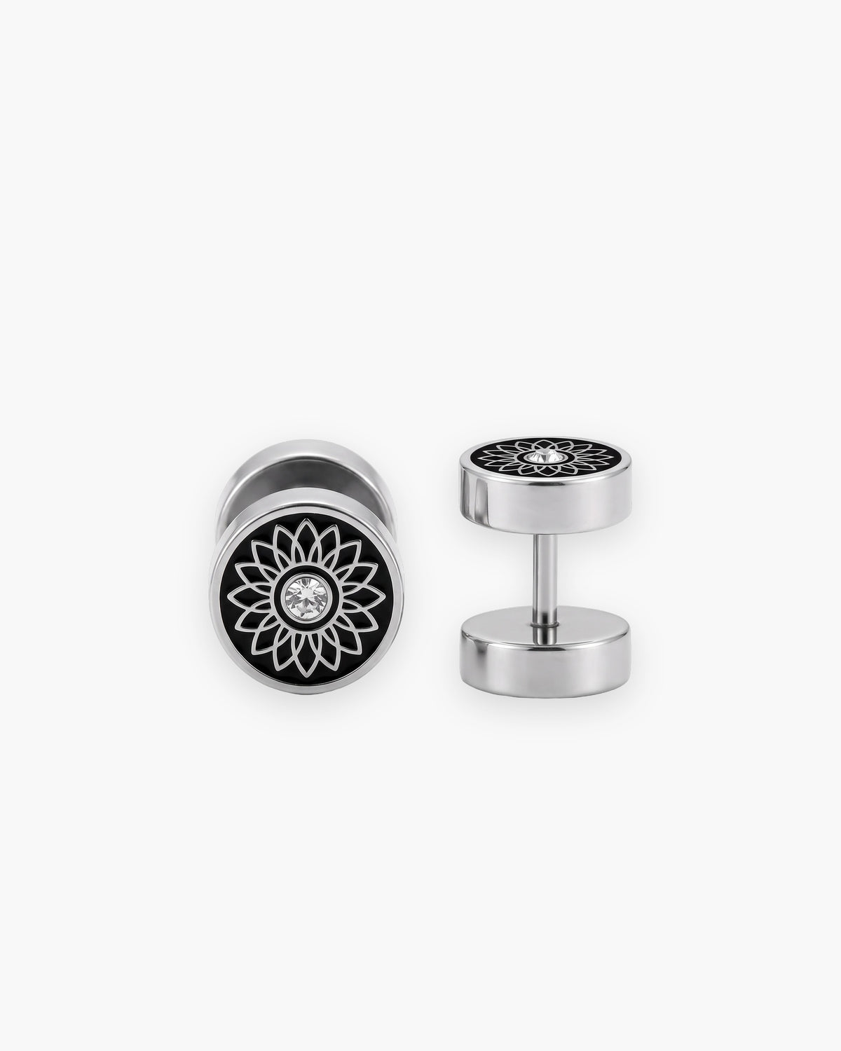 Atlas inlaid barbell stud earrings in silver-tone with floral inlay stainless steel [c:silvergeometricfloral]