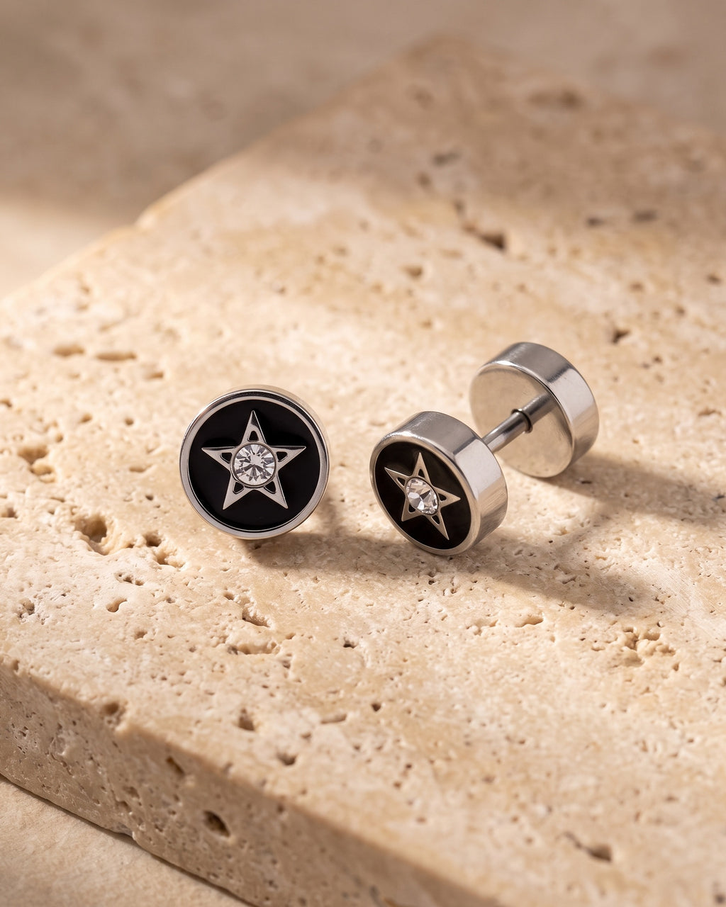 The pair of Atlas barbell stud earrings with star inlay on warm stone [c:silverstar]