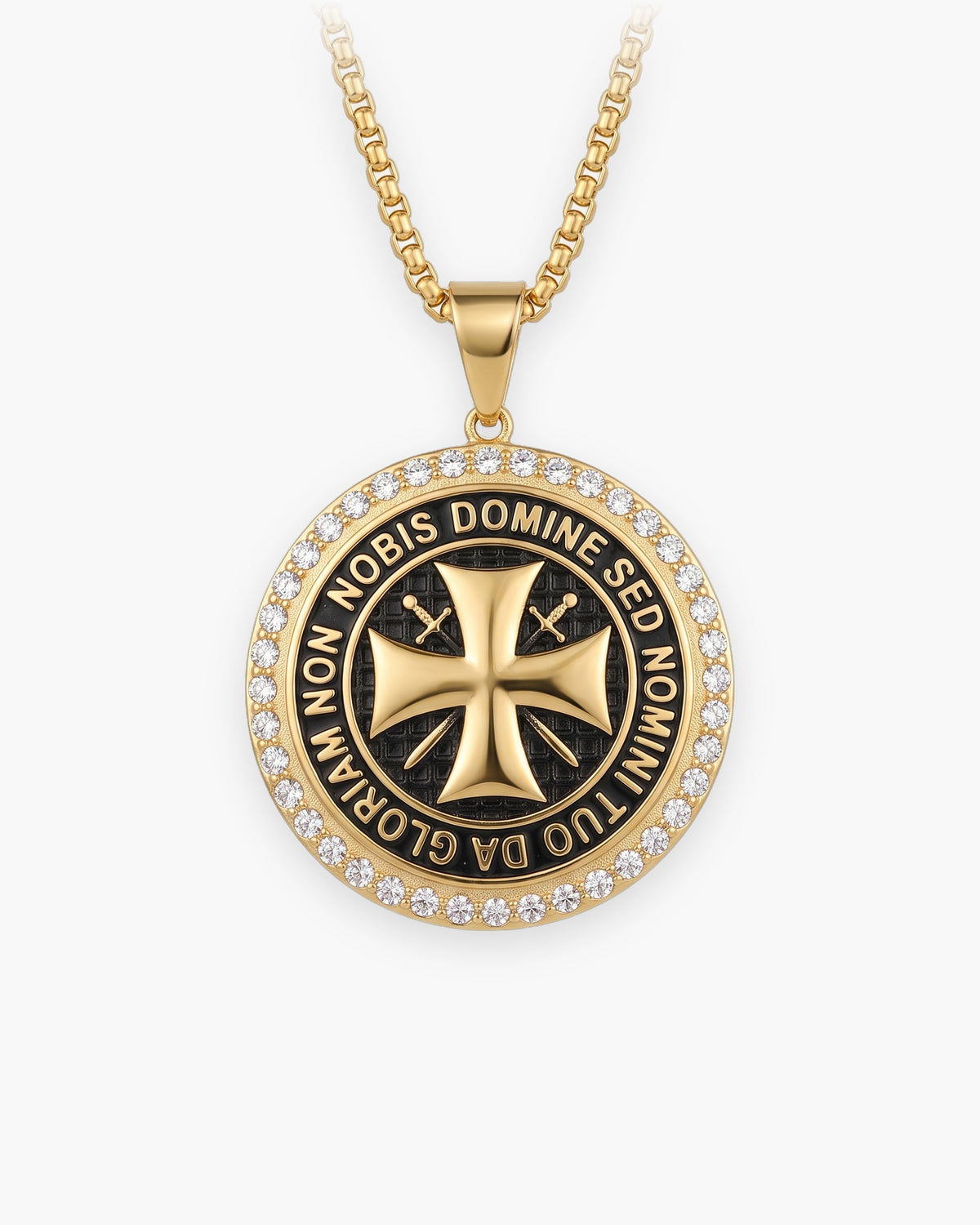 Atlas Knights Templar cross medallion necklace in gold-tone stainless steel, cubic zirconia border [c:goldwithczstones]